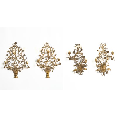 Lot 136 - Two Pairs of Italian Gilt Wrought Iron Sconces