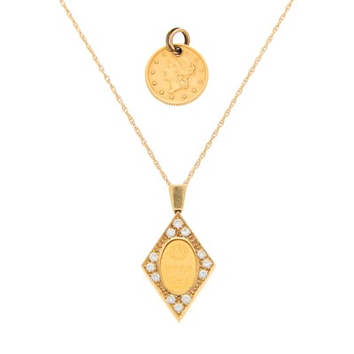 Lot 165 - Gold and Diamond Pendant with Chain Necklace and Gold Coin Charm
