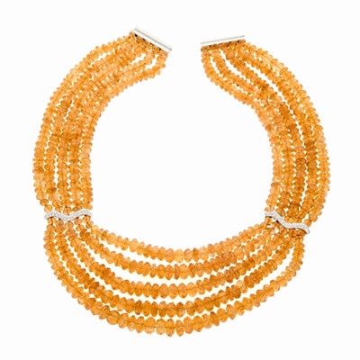 Lot 114 - Antonini Five Strand Citrine Bead, White Gold and Diamond Swag Necklace