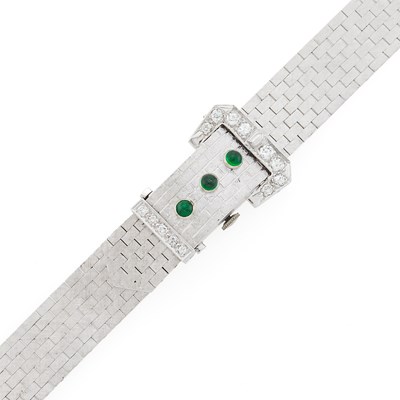 Lot 119 - White Gold, Green Glass and Diamond Buckle Bracelet-Watch