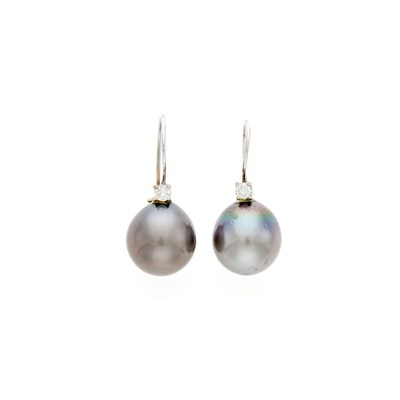 Lot 174 - Pair of Low Karat White Gold, Tahitian Gray Cultured Pearl and Diamond Pendant-Earings
