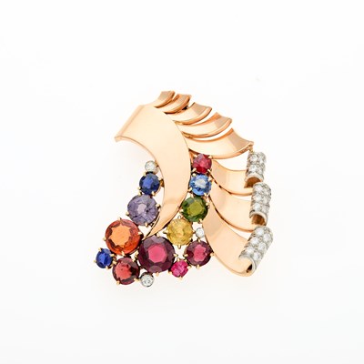 Lot 85 - Two-Color Gold, Colored Stone and Diamond Fan Clip-Brooch, France