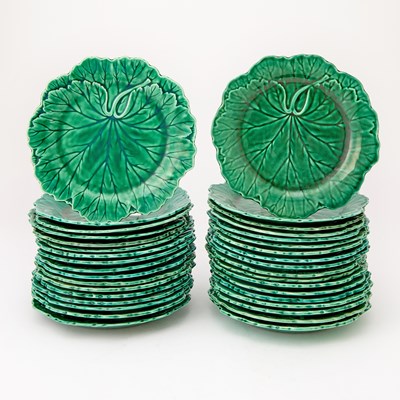 Lot 610 - Assembled Set of Thirty-Five Wedgwood Majolica Green Glazed 'Leaf' Dessert Plates