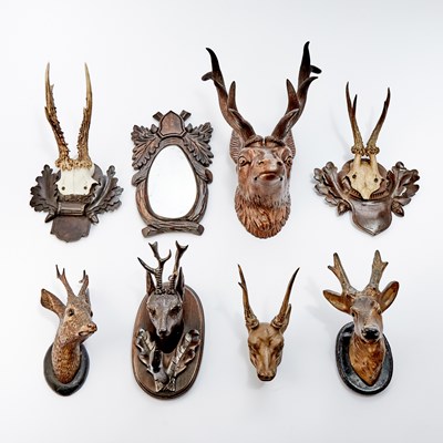 Lot 545 - Group of Black Forest Style Carved Wood Deer and Antler Form Wall Decorations