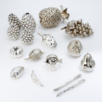 Lot 624 - Group of Silver Plated Fruit-Form and Pine-Cone-Form Table Ornaments