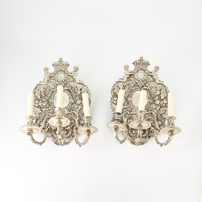 Lot 577 - Pair of Louis XIV Style Silver Plated Three-Light Wall Sconces