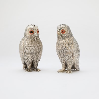 Lot 614 - Pair of Novelty Silver Plated Owl-Form Casters