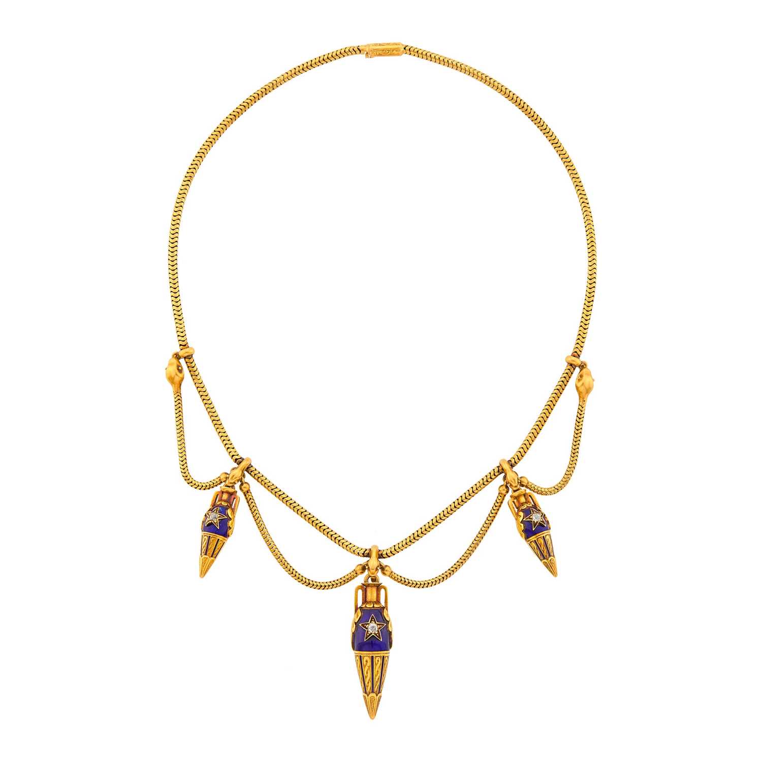 Lot 1068 - Archaeological Revival Gold, Blue Enamel and Diamond Swag Snake Chain Necklace