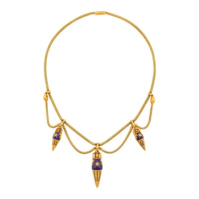 Lot 1068 - Archaeological Revival Gold, Blue Enamel and Diamond Swag Snake Chain Necklace