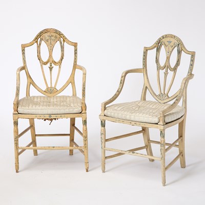 Lot 479 - Assembled Set of Seven George III Painted Rush-Seat Armchairs