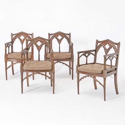 Lot 531 - Set of Four English Gothic Revival Oak Armchairs