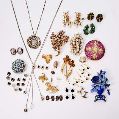 Lot 184 - Group of Gold, Silver, Gilt-Metal, Rhinestone and Bead Costume Jewelry