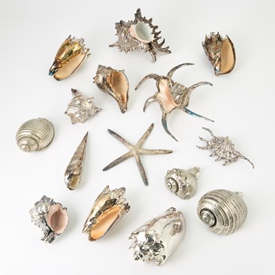 Lot 542 - Group of Twelve Silver Plated Natural Seashells and Three Silver Plated Faux Seashells