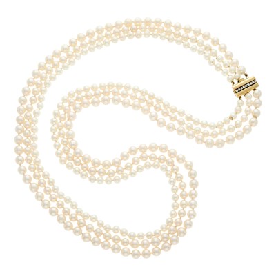 Lot 63 - Long Triple Strand Cultured Pearl Necklace with Gold and Diamond Clasp