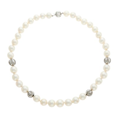 Lot 110 - Cultured Pearl, White Gold and Diamond Necklace