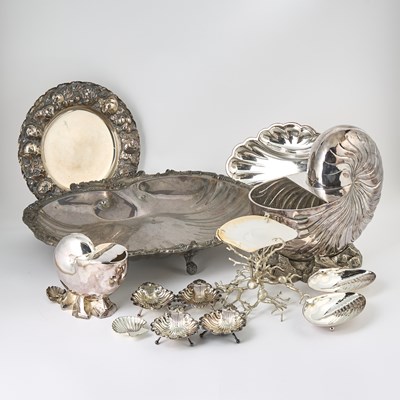 Lot 586 - Group of Silver Plated Shell-Form Table Articles