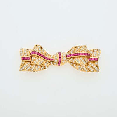 Lot 70 - Gold, Ruby and Diamond Bow Brooch