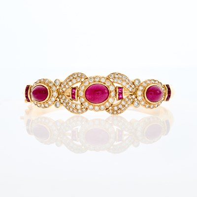 Lot 75 - Gold, Cabochon Ruby and Diamond Bangle Bracelet