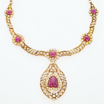 Lot 68 - Gold, Cabochon Ruby and Diamond Pendant-Necklace
