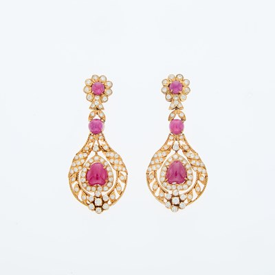 Lot 69 - Pair of Gold, Cabochon Ruby and Diamond Pendant-Earrings