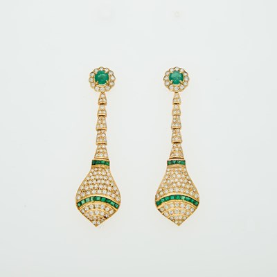 Lot 170 - Pair of Gold, Emerald and Diamond Pendant-Earrings