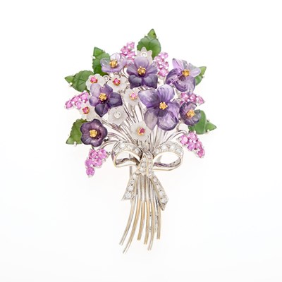 Lot 101 - Santagostino White Gold, Carved Gem-Set and Diamond Bouquet Clip-Brooch