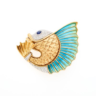 Lot 18 - Two-Color Gold, Plique-à-Jour Enamel, Diamond and Cabochon Sapphire Fish Clip-Brooch