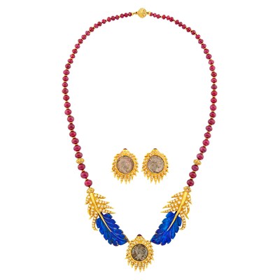 Lot 20 - Barakat Gold, Carved Lapis, Silver Coin, Ruby Bead and Diamond Necklace and Pair of Earclips