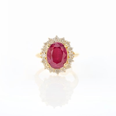 Lot 186 - Gold, Glass-Filled Ruby and Diamond Ring