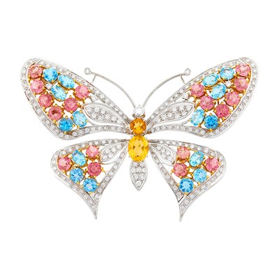 Lot 1032 - White Gold, Gem-Set and Diamond Butterfly Clip-Brooch
