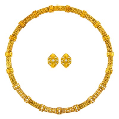 Lot 1107 - Gold and Diamond Necklace and Pair of Earclips