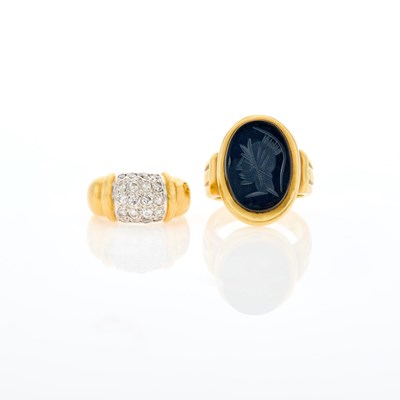 Lot 31 - Gold and Carved Black Onyx Intaglio Ring and Diamond Ring
