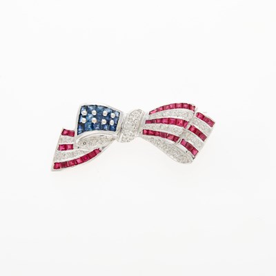 Lot 181 - White Gold, Gem-Set and Diamond United States Flag Clip-Brooch