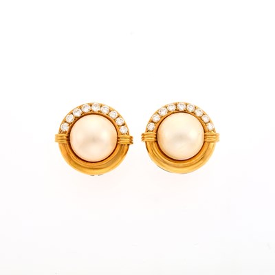 Lot 2037 - Pair of Gold, Mabé Pearl and Diamond Earrings