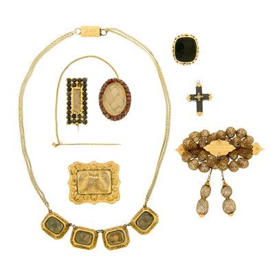 Lot 2160 - Antique Gold-Filled, Black Onyx and Garnet Mourning Hair Jewelry