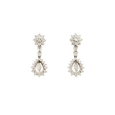 Lot 1086 - Pair of Platinum and Diamond Pendant-Earrings