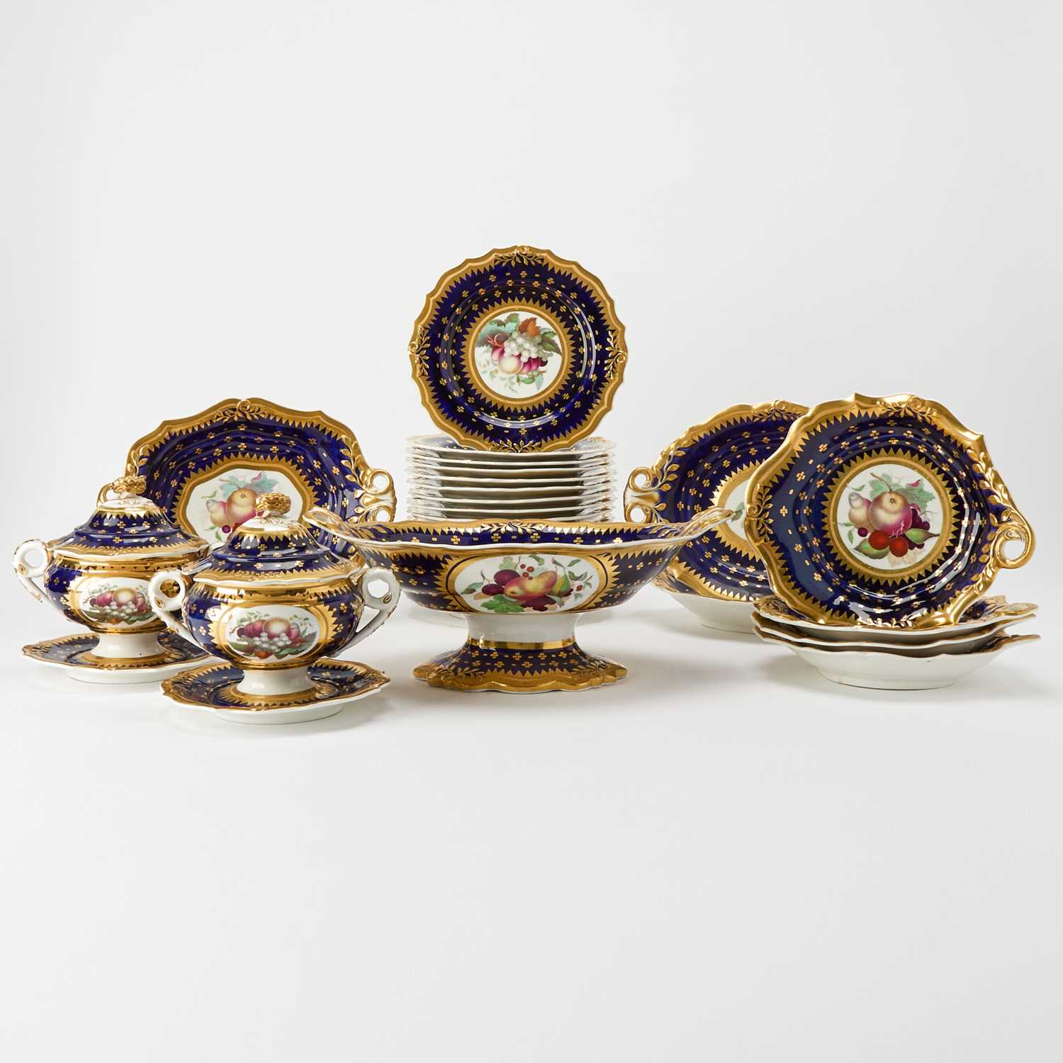 Lot 42 - English Gilt and Transfer Decorated Cobalt Ground Porcelain Partial Dessert Service