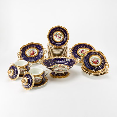 Lot 42 - English Gilt and Transfer Decorated Cobalt Ground Porcelain Partial Dessert Service