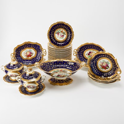 Lot 42 - English Gilt and Transfer Decorated Cobalt Ground Porcelain Partial Dessert Service
