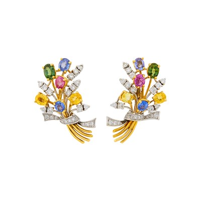 Lot 1123 - Pair of Two-Color Gold, Multicolored Sapphire and Diamond Bouquet Earrings