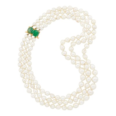 Lot 2272 - Triple Strand Baroque Cultured Pearl Necklace with Gold and Cabochon Emerald Clasp
