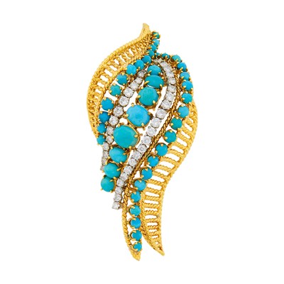 Lot 1018 - Gold, Turquoise and Diamond Clip-Brooch