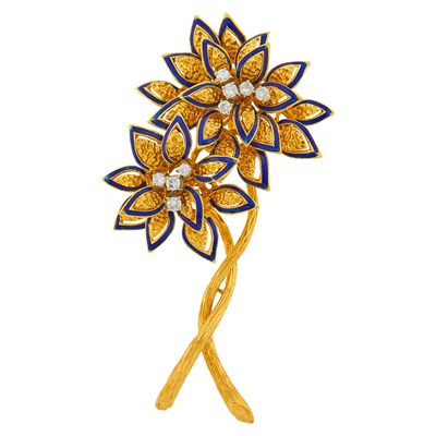 Lot 1103 - Gold, Diamond and Blue Enamel Flower Clip-Brooch