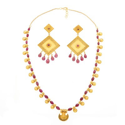 Lot 2184 - Pair of Gold and Ruby Bead Pendant-Earrings and Necklace