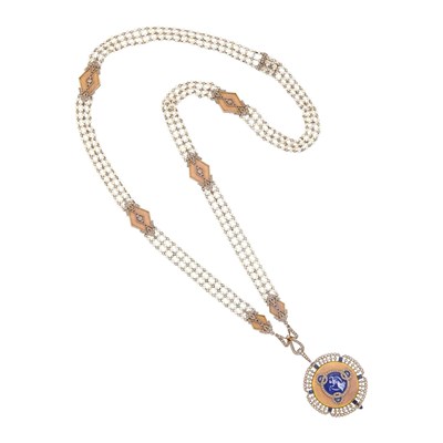 Lot 148 - Edwardian Platinum, Seed Pearl, Enamel, Sapphire and Diamond Pendant-Watch Necklace