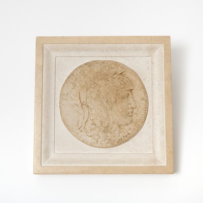 Lot 259 - Italian Grand Tour Carved Limestone and Marble Framed Portrait Roundel of Athena