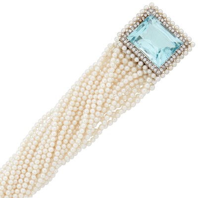 Lot 1033 - Multistrand Cultured Pearl Torsade Bracelet with White Gold, Aquamarine and Diamond Clasp