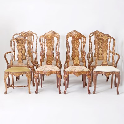 Lot 50 - Assembled Set of Dutch Rococo Floral Fruitwood Marquetry Inlaid Walnut Dining Chairs