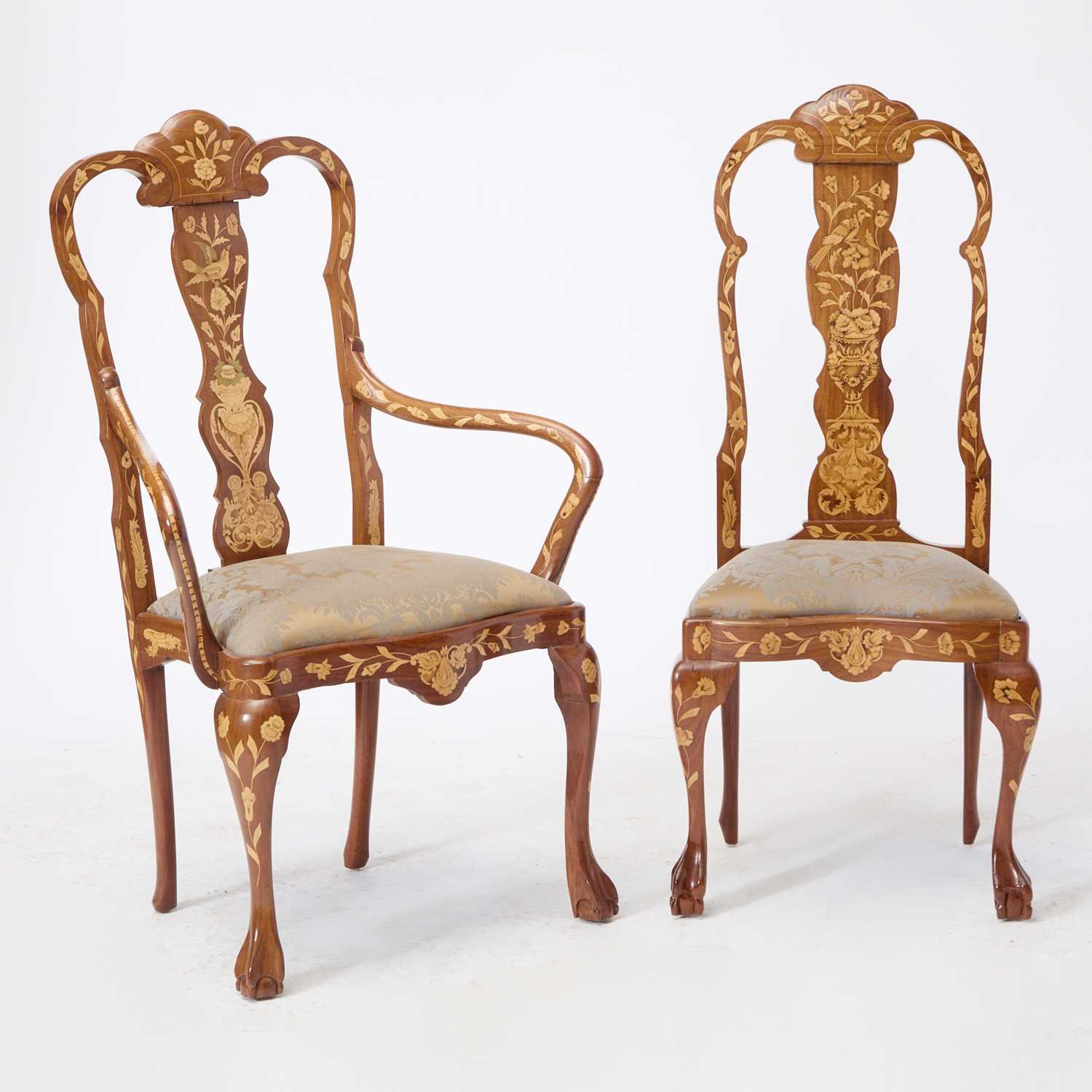 Lot 50 - Assembled Set of Dutch Rococo Floral Fruitwood Marquetry Inlaid Walnut Dining Chairs