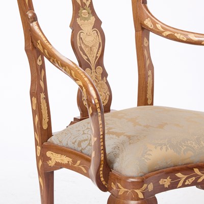 Lot 50 - Assembled Set of Dutch Rococo Floral Fruitwood Marquetry Inlaid Walnut Dining Chairs